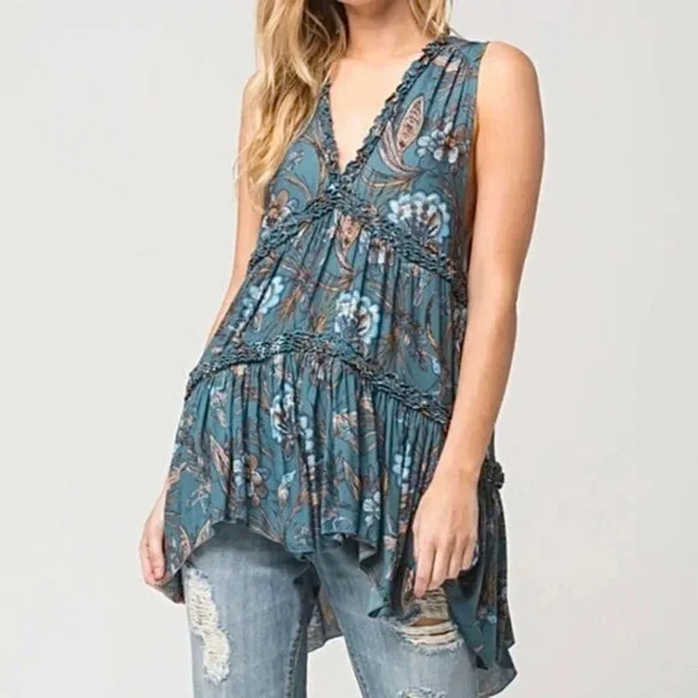 🌎Free People Floral Haze Hummingbird Turquoise Boho Tunic NWT~Small - Picture 10 of 13